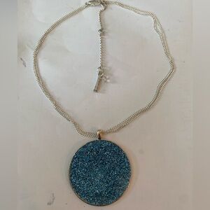 Kenneth Cole Necklace Silver Tone Circle Disc Druzy Pendant Royal Blue 16”L